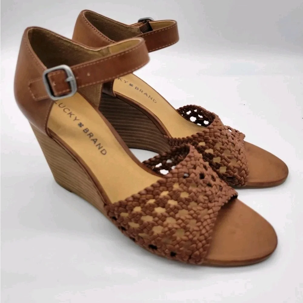 Lucky Brand Brown Leather Strappy Platform Wedge Sandals Boho Summer Shoes